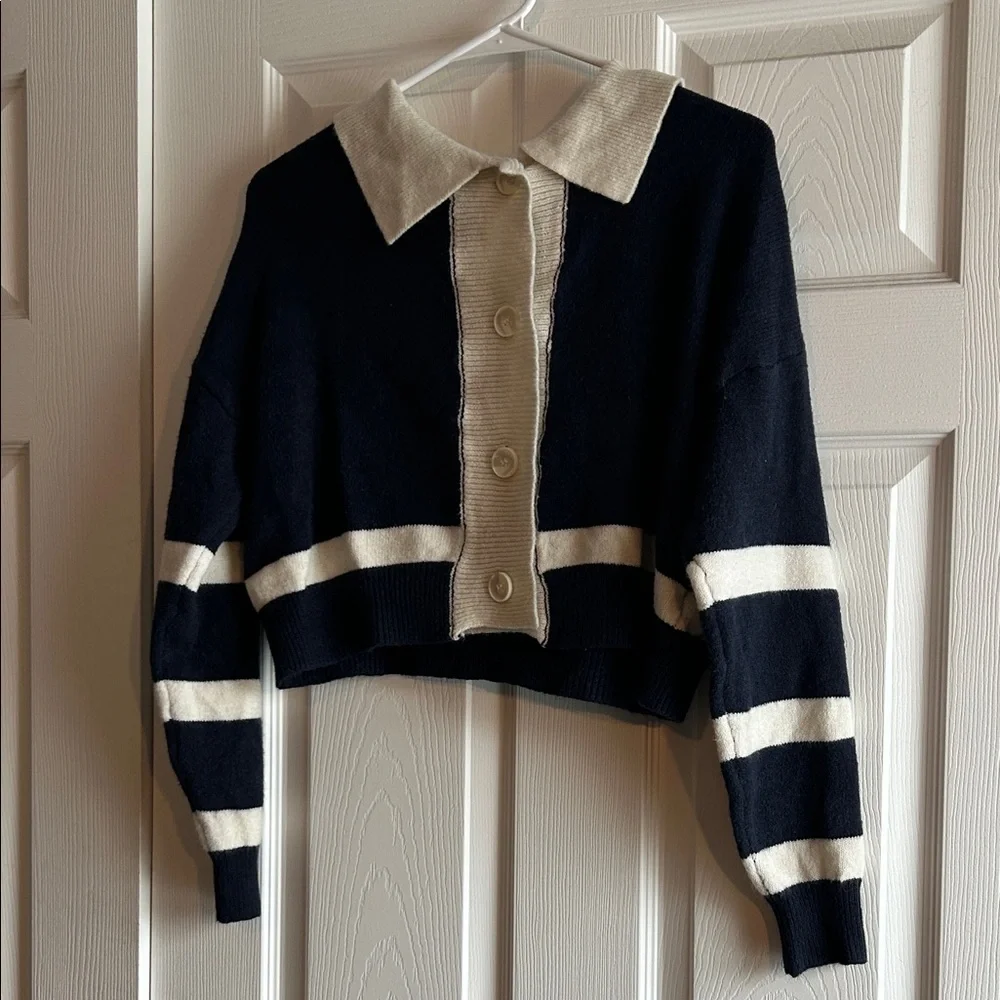 Navy and Cream Striped Button-Up Sweater - Picture 2 of 8